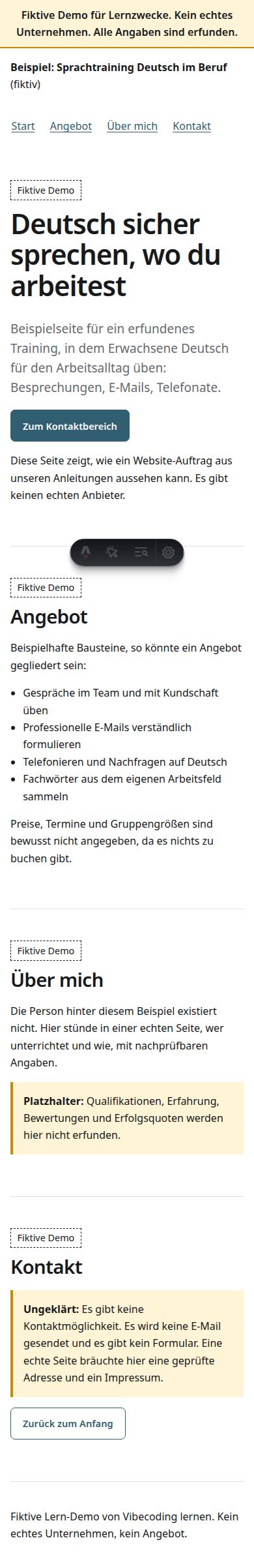 Echte schmale Ganzseitenaufnahme der fiktiven Demo mit Start, Angebot, Über mich und ausdrücklich ungeklärtem Kontakt.